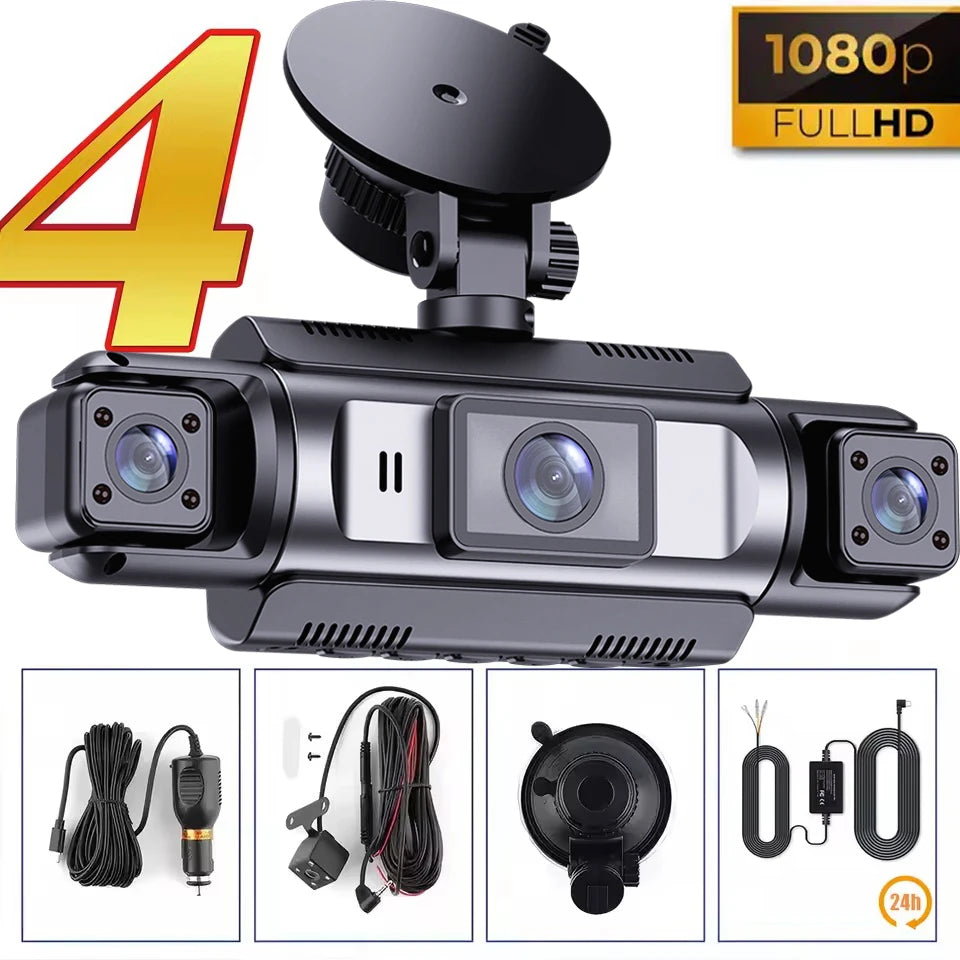 Caméra de tableau de bord DVR de voiture 4 canaux 360° WIFI avant intérieure rotative avec caméra de recul et moniteur de stationnement 24h