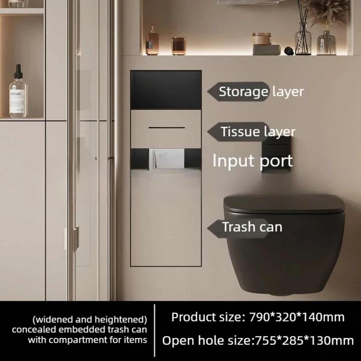 304 Stainless Steel Concealed Toilet Niche Concealed Garbage Bin with Hidden Trash Can Tissue Box Embedded Design