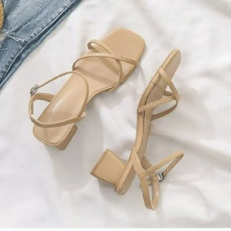 Comemore Comfortable 2023 Summer Block Heel Women's Sandals Girl Shoes Black Outer Wear Fashion Elegant Medium Heels Footwear 40