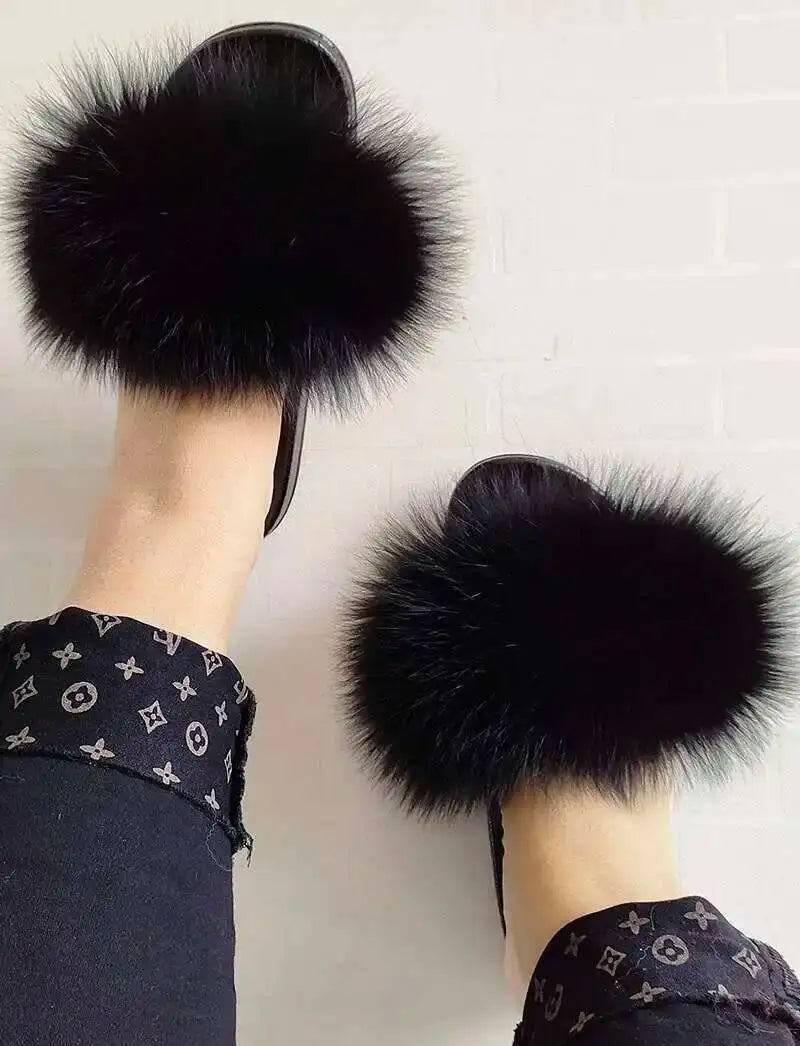 Real Raccoon Fur Slippers For Women 2023 Summer Fluffy Indoor House Fuzzy Flat Slides Outdoor Fashion Beach Sandals Flip Flops