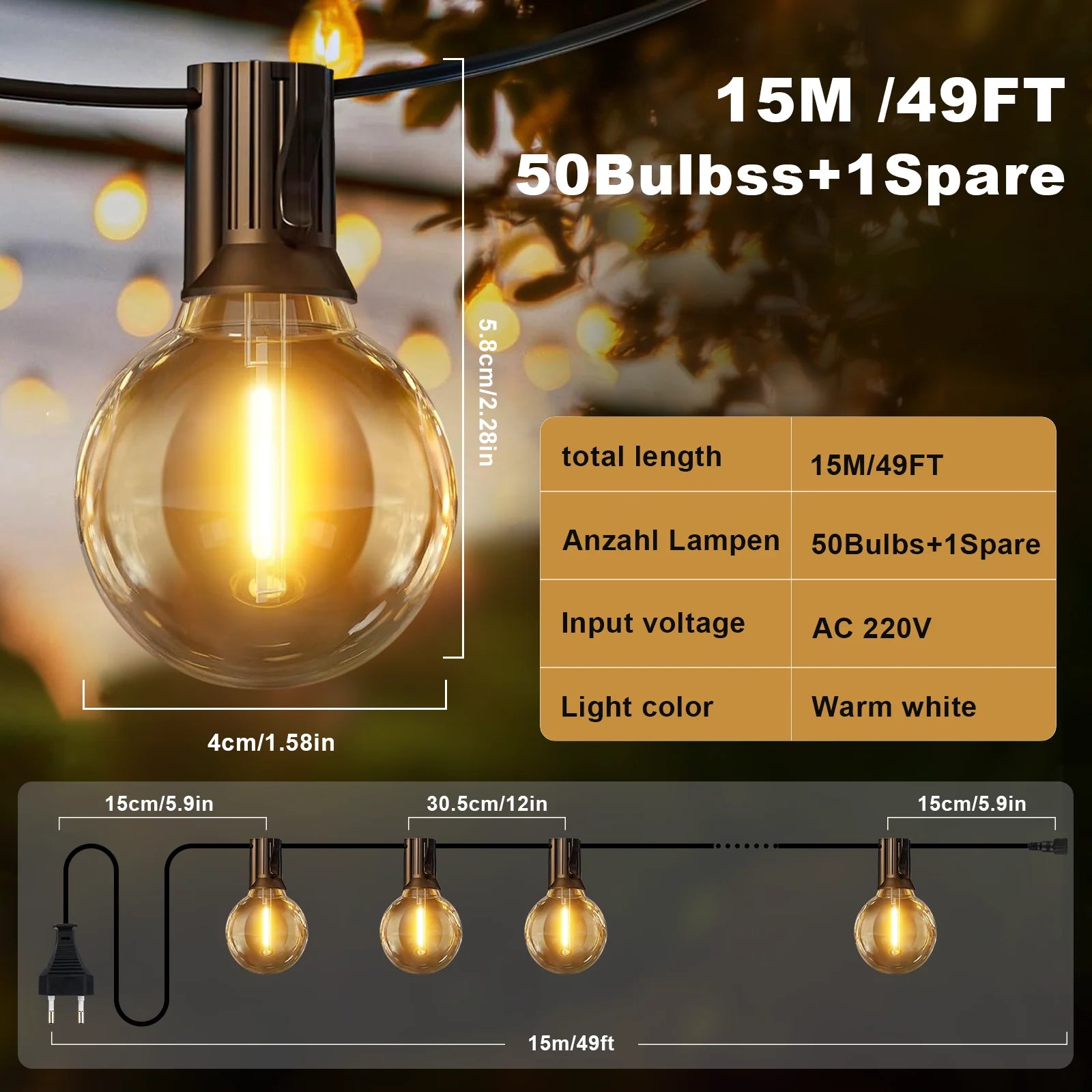 outerdoor G40 String light, 5M/30M/45M,  Christmas String Lights, LED Outdoor Patio Lights String with G40 bulbs