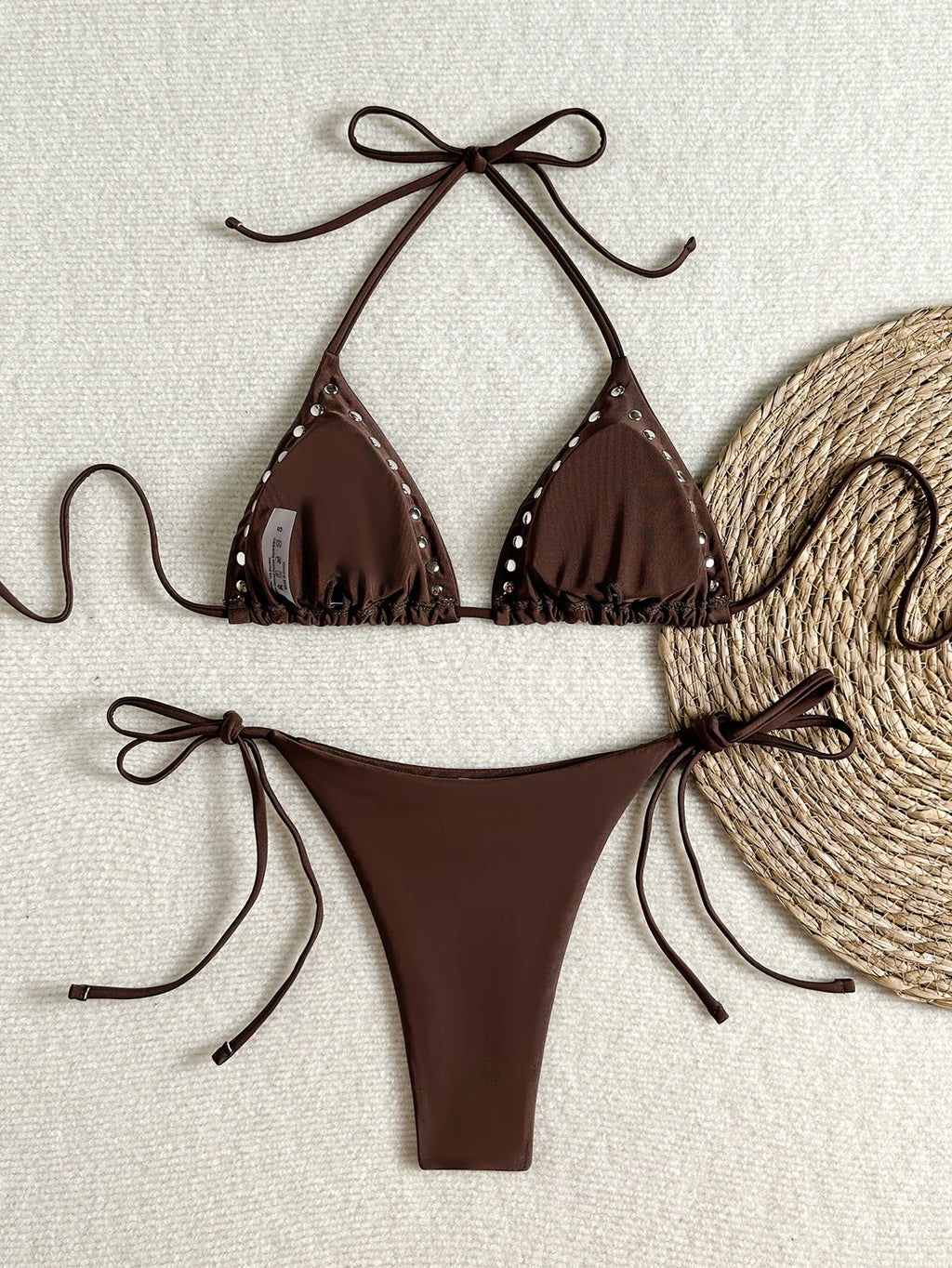 Sexy Black Rivet Holes Micro Bikini Thong Set Swimsuit Women 2026 String Halter Triangle Swimwear Bathing Suit Bikinis De Mujer