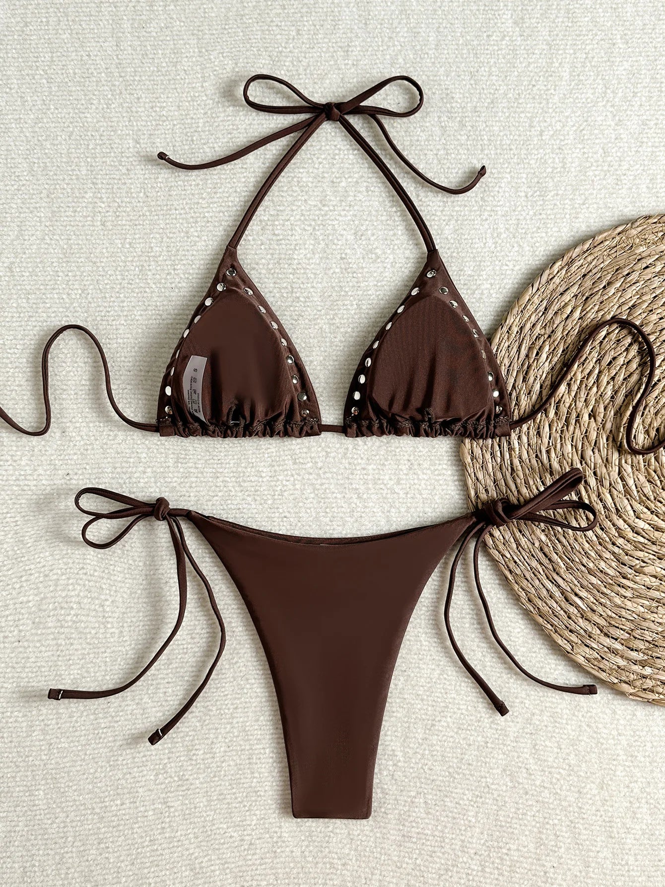 Sexy Black Rivet Holes Micro Bikini Thong Set Swimsuit Women 2026 String Halter Triangle Swimwear Bathing Suit Bikinis De Mujer