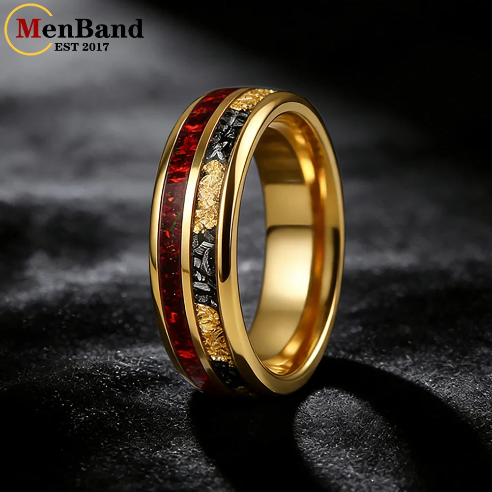 MenBand 6MM 8MM Men and Women Marriage Tungsten Ring Inlaid Red Opal and Meteorite Gold Foil，Couple's Ring, Promise Ring