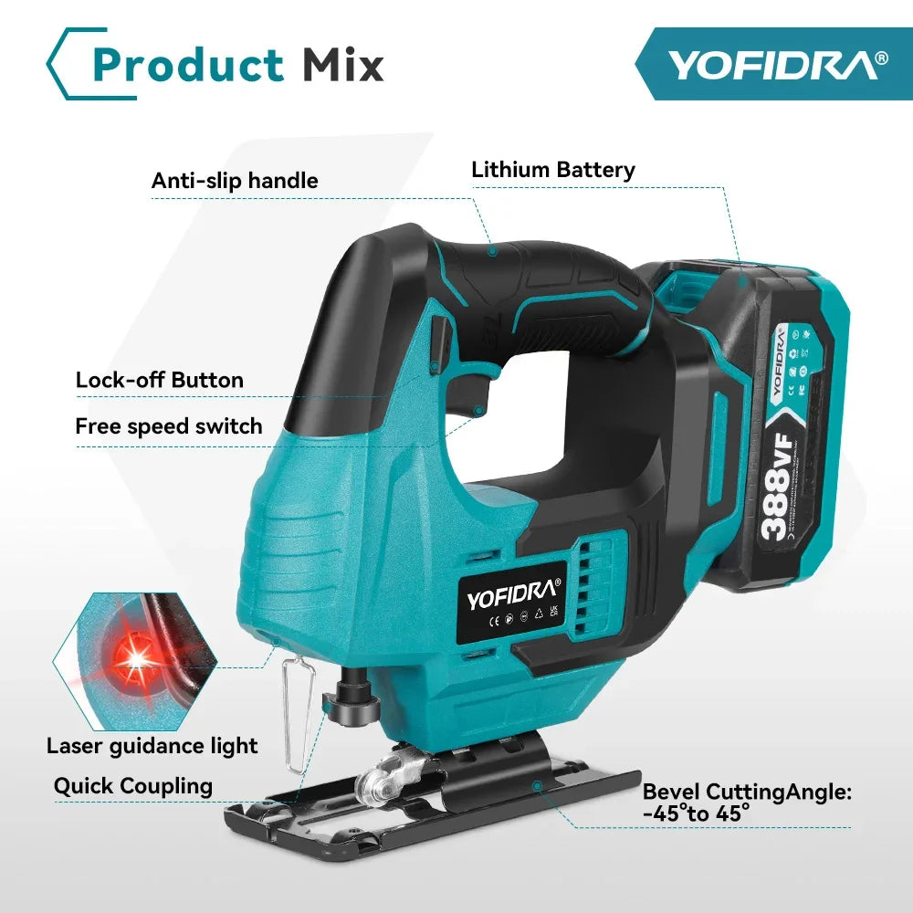 YOFIDRA Brushless 19mm Electric Jig Saw Infrared Laser Curve Saw Variable Speed MultiFunction Cutter For Makita 18V Battery Pin