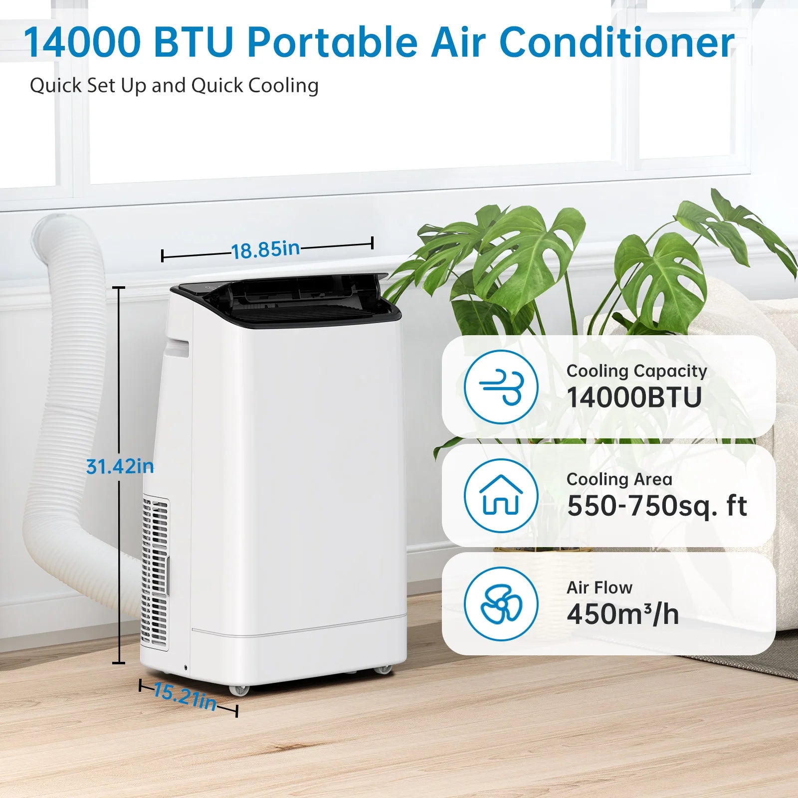 Climatiseur portable 14000 BTU, ventilateur déshumidificateur 3-en-1, télécommande et kit de fixation fenêtre, économe en énergie pour la maison