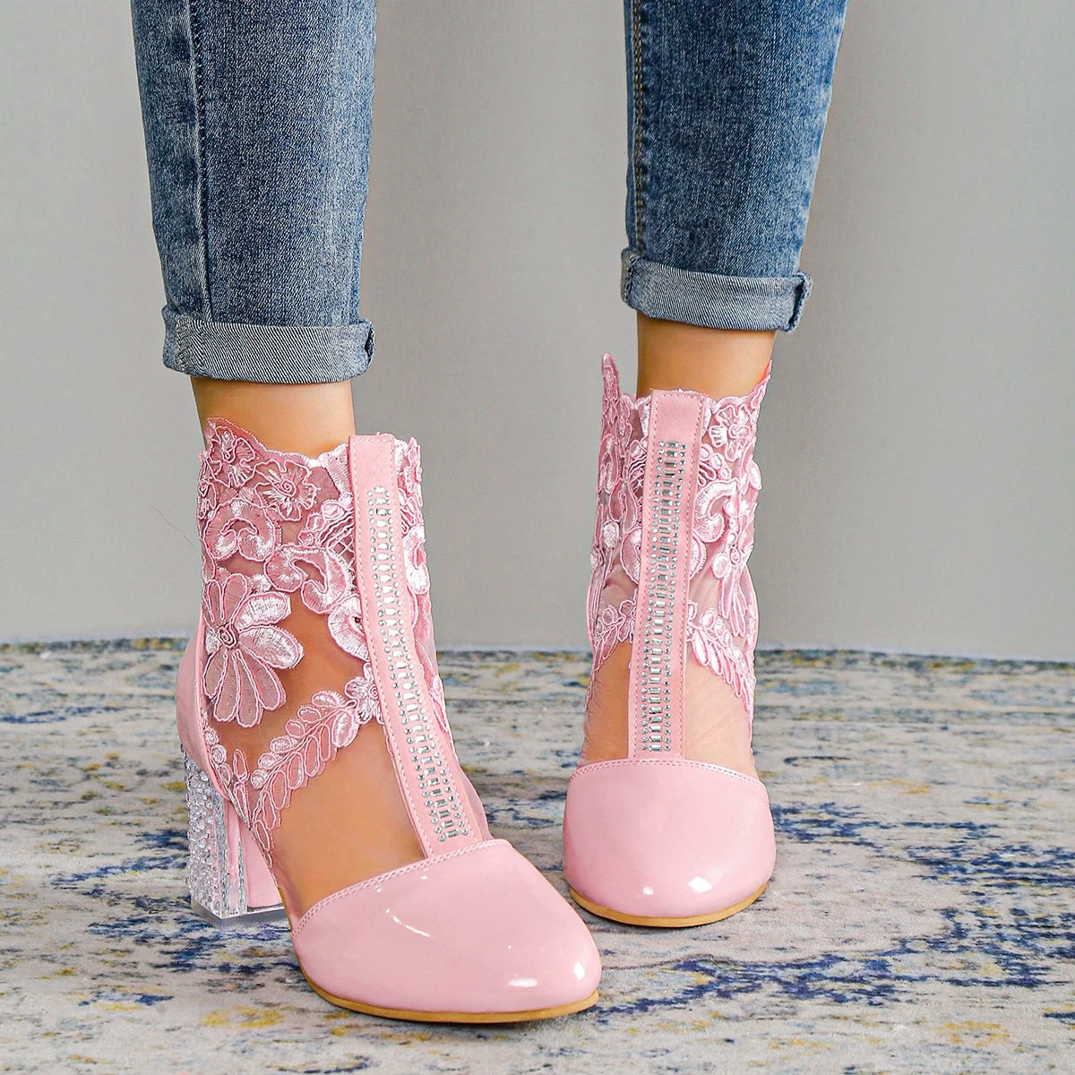 NEW Ethnic Style Women Retro Lace Embroider High Heels Ankle Boots Spring Autumn Round Toe Platform Cool Boot Thick Heeled Pumps