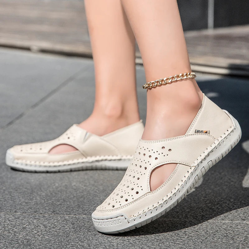 Unisex Sandals Hand Sewn Leather Hollow Out Outdoor Casual Shoes Comfortable Soft Summer Fashion Street Walking Shoes Women