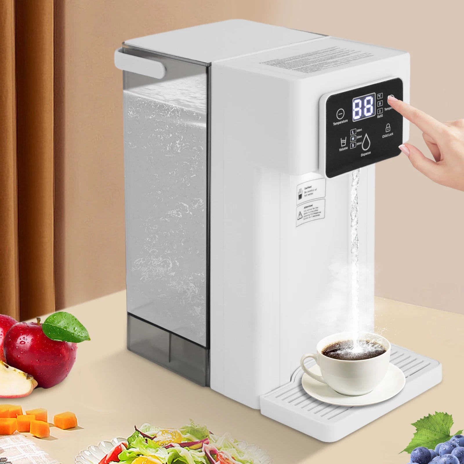 Distributeur d'eau chaude instantanée de bureau rectangulaire ABS PS 444 Acier inoxydable Silicone 110V Prise US 1500W Capacité 3L Sortie d'eau quantitative 200ml 350ml 500ml Faible bruit Cordon d'alimentation 1m Distributeur d'eau électrique de comptoir
