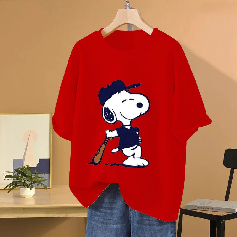Snoopy Baseball Cartoon Anime Women T-shirt Summer Short Sleeve 100% Cotton Men Tee Shirts Tops 2025 New Fashion Couple Clothes