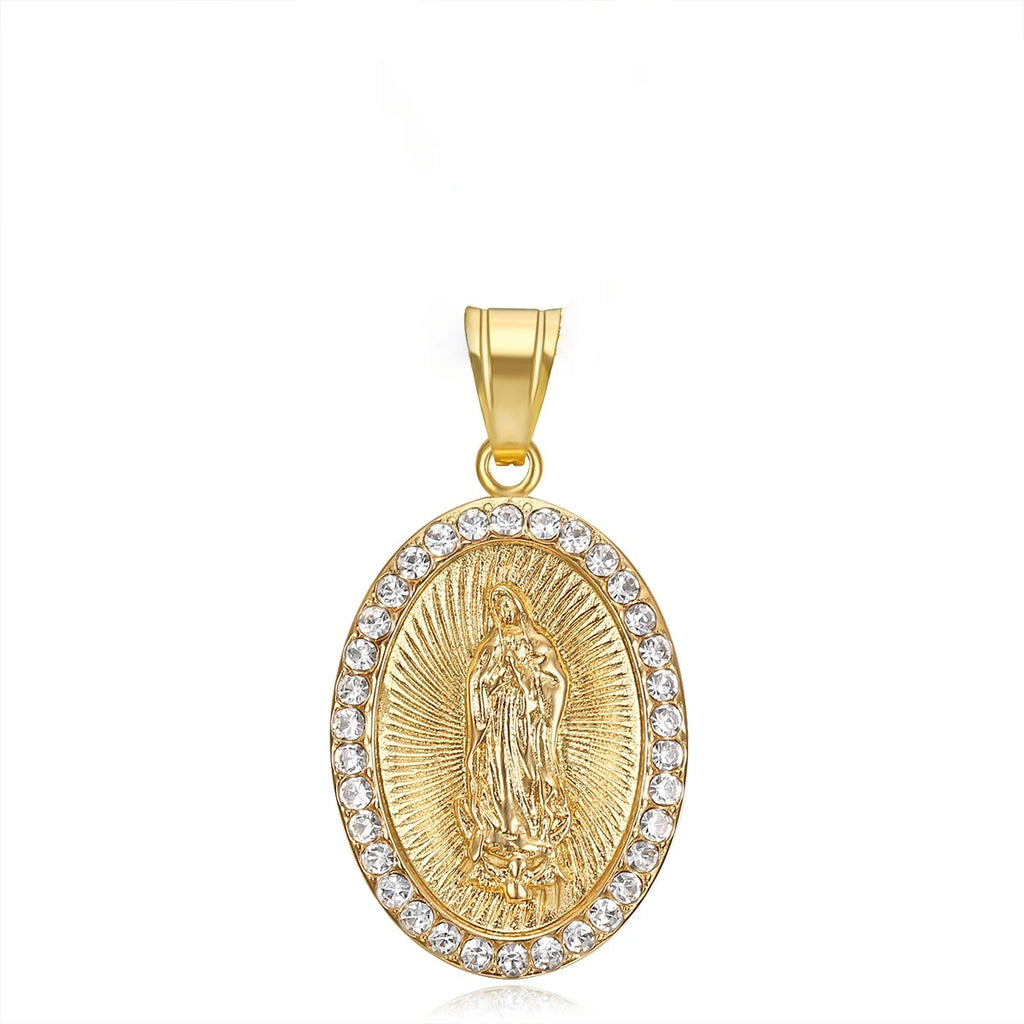 Virgin Mary Prayer Pendant Necklaces Gold color 316L Stainless Steel with rhinestone Women/Men Jewelry