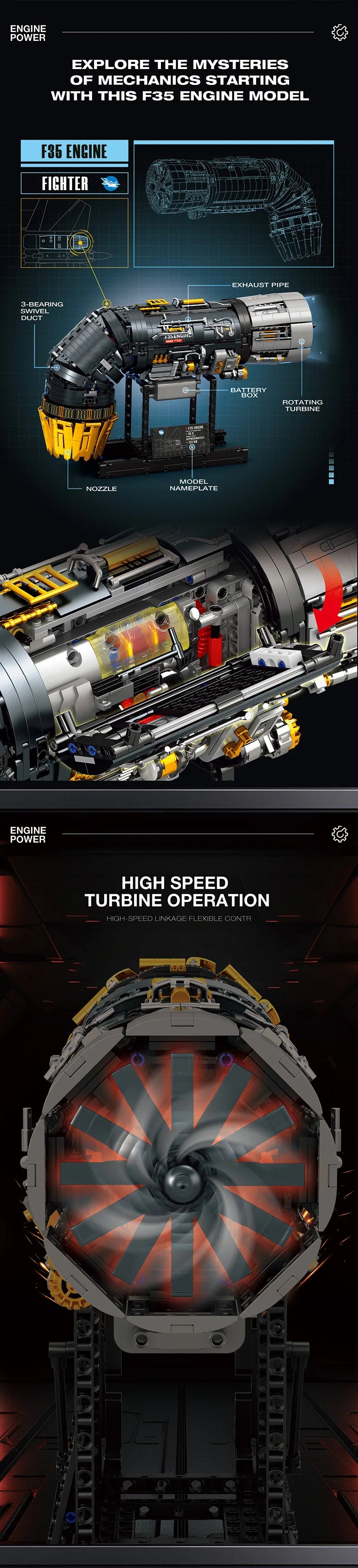 1812PCS Turbofan Engine Building Blocks Vertical Takeoff Landing Fighter Engine Model Desktop Ornament Kids Toys Holiday Gifts
