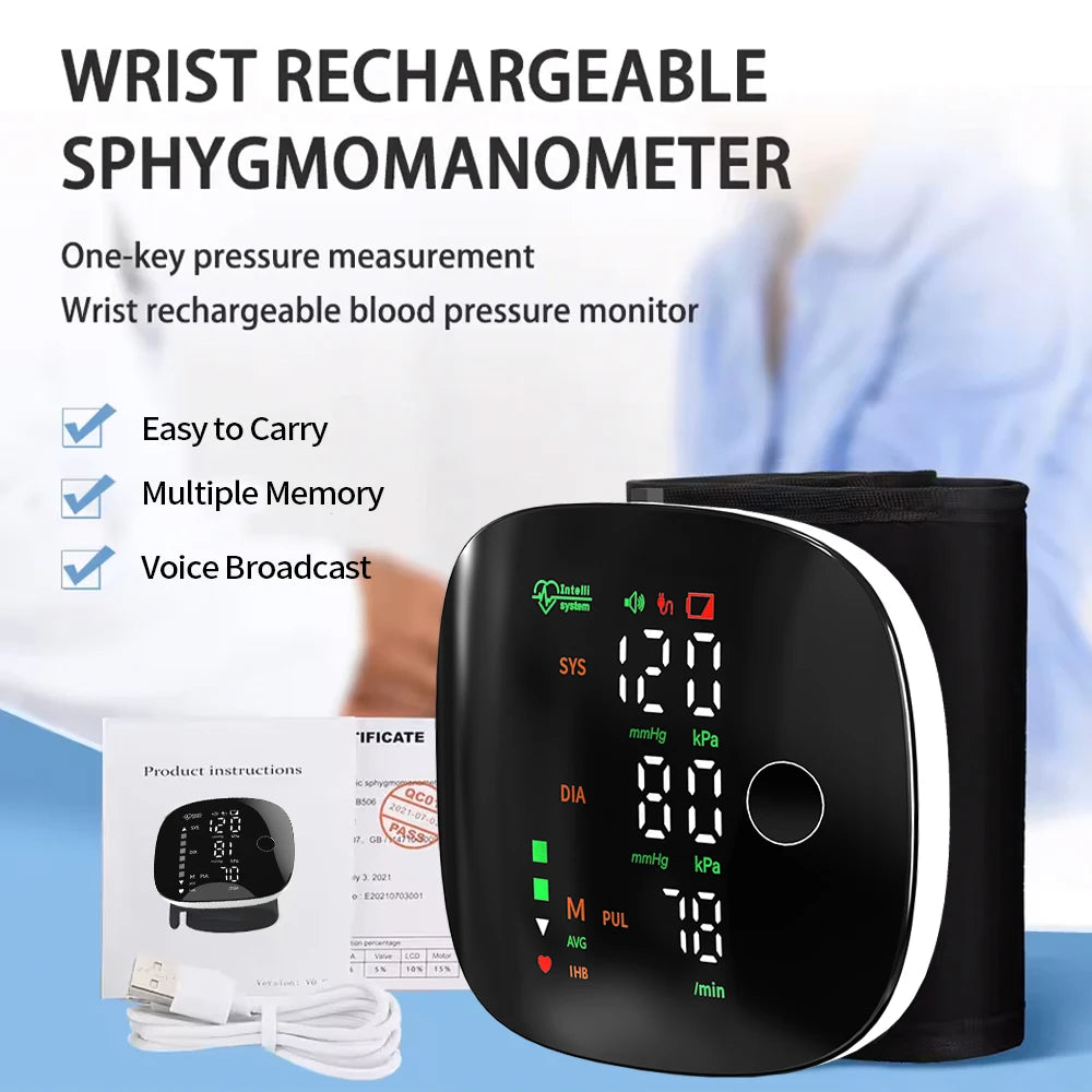 Medical Rechargeable Wrist Blood Pressure Monitor LED Display Fast Measurement Digital Tensiometer BP Tonometer Heart Rate Meter