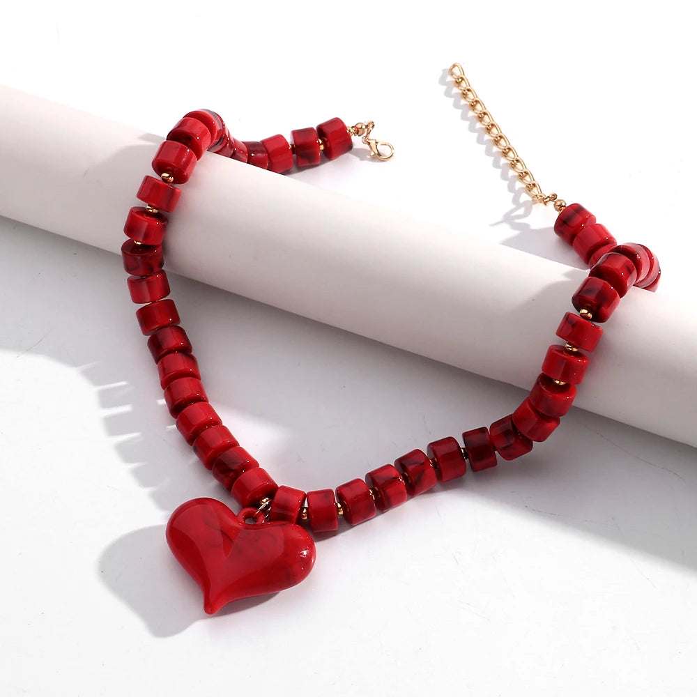 Trendy Acrylic Colorful Beads Heart Pendant Choker Necklaces Fashion Geometric Beads Collar Necklace Jewelry Gifts