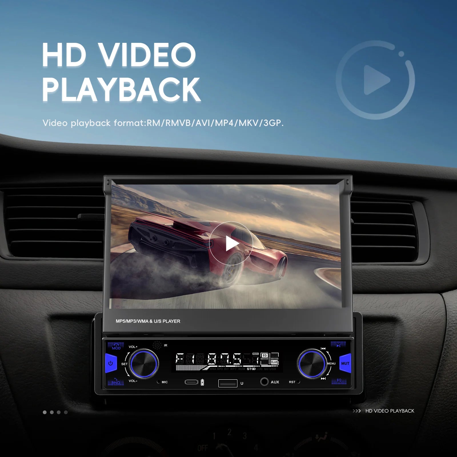 Podofo 7'' 1Din Retractable Screen EQ Sound FM/AM/RDS Multimedia Player Carplay Android Auto Bluetooth Type-C USB SWC Car Audio