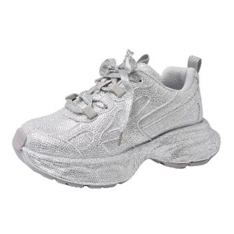 Luxury Women Bling Running Shoes Chunky Sneakers Fashion Casual Genuine Leather Breathable Height Increased Flat Platform Shoe