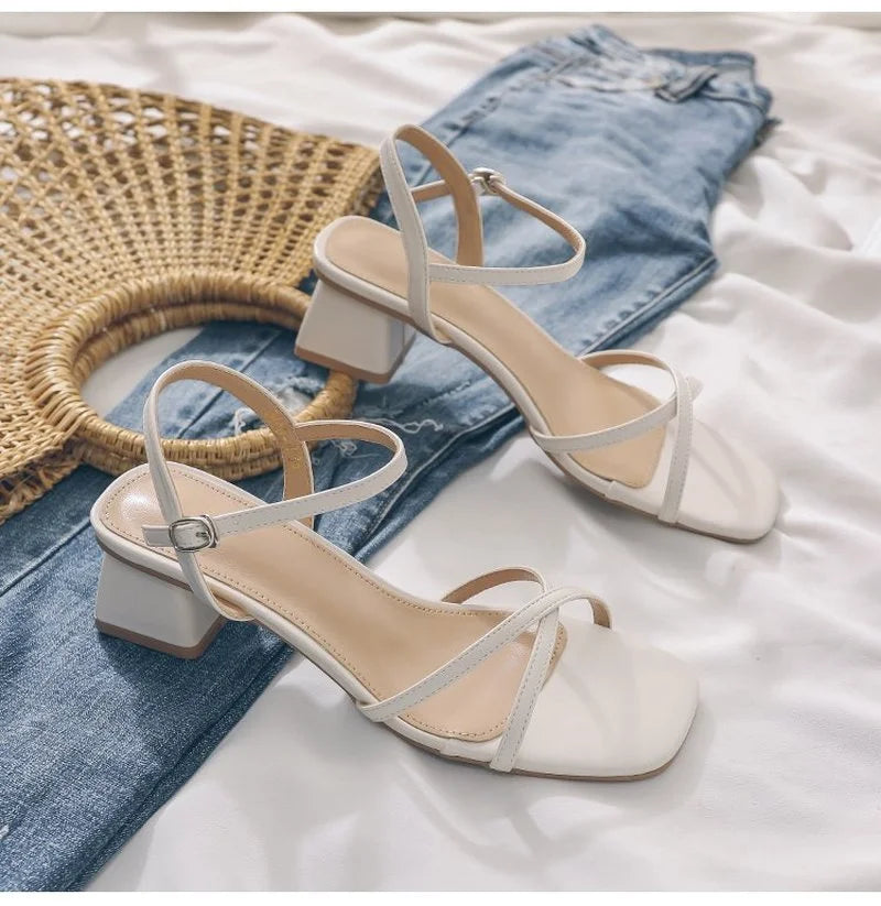 Comemore Comfortable 2023 Summer Block Heel Women's Sandals Girl Shoes Black Outer Wear Fashion Elegant Medium Heels Footwear 40
