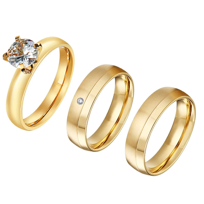 3pcs Matte Titanium Jewelry Italian Women 24k Gold Plated Ring Cz Diamond Ring Marriage Wedding Proposals Bridal Sets Couples