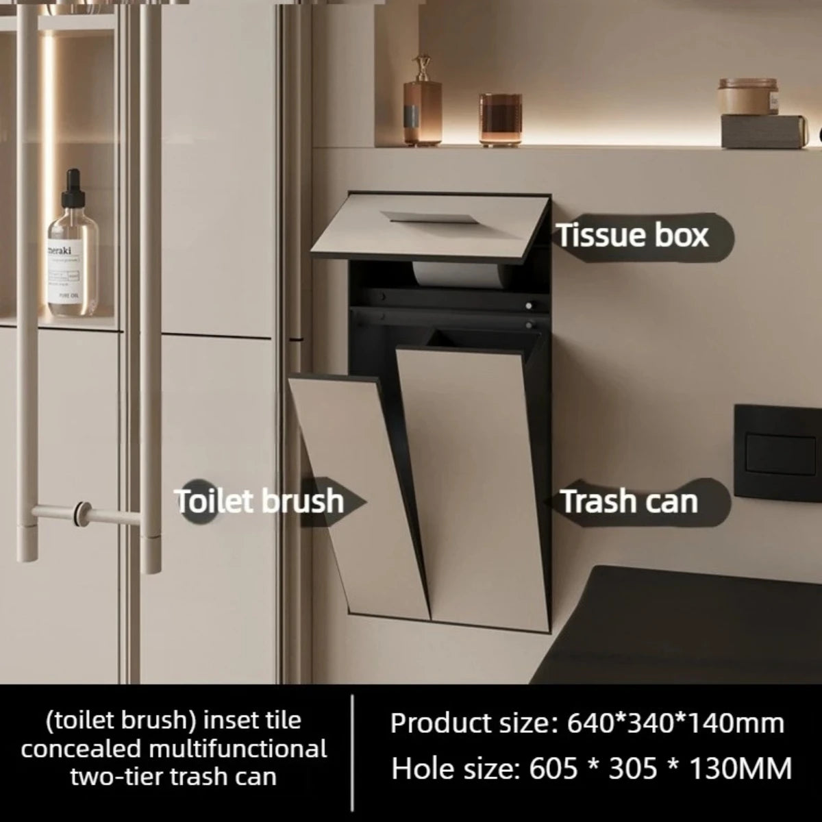 304 Stainless Steel Concealed Toilet Niche Concealed Garbage Bin with Hidden Trash Can Tissue Box Embedded Design