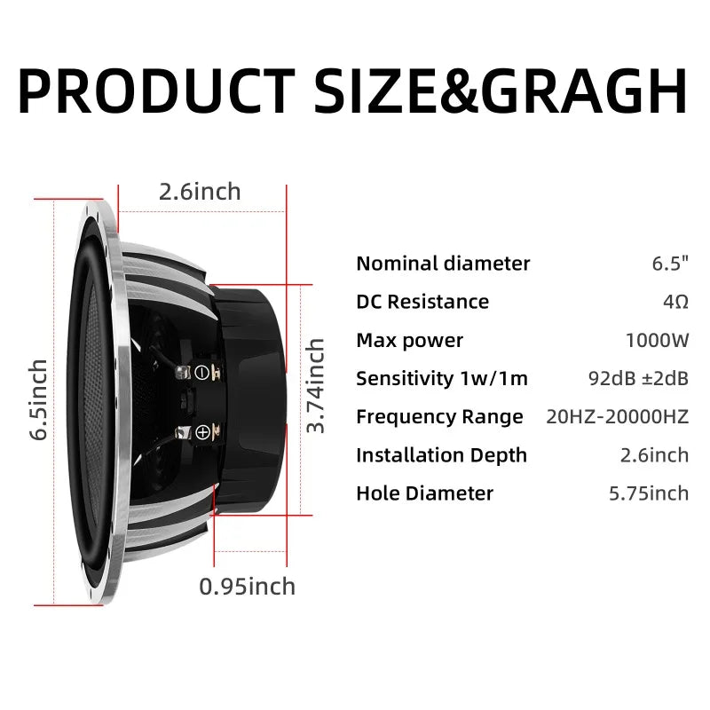 2 haut-parleurs médium/grave de 6,5 pouces, puissance de crête de 1000W, cône en fibre de carbone haute performance, woofers avec ogive en aluminium pour système audio de voiture