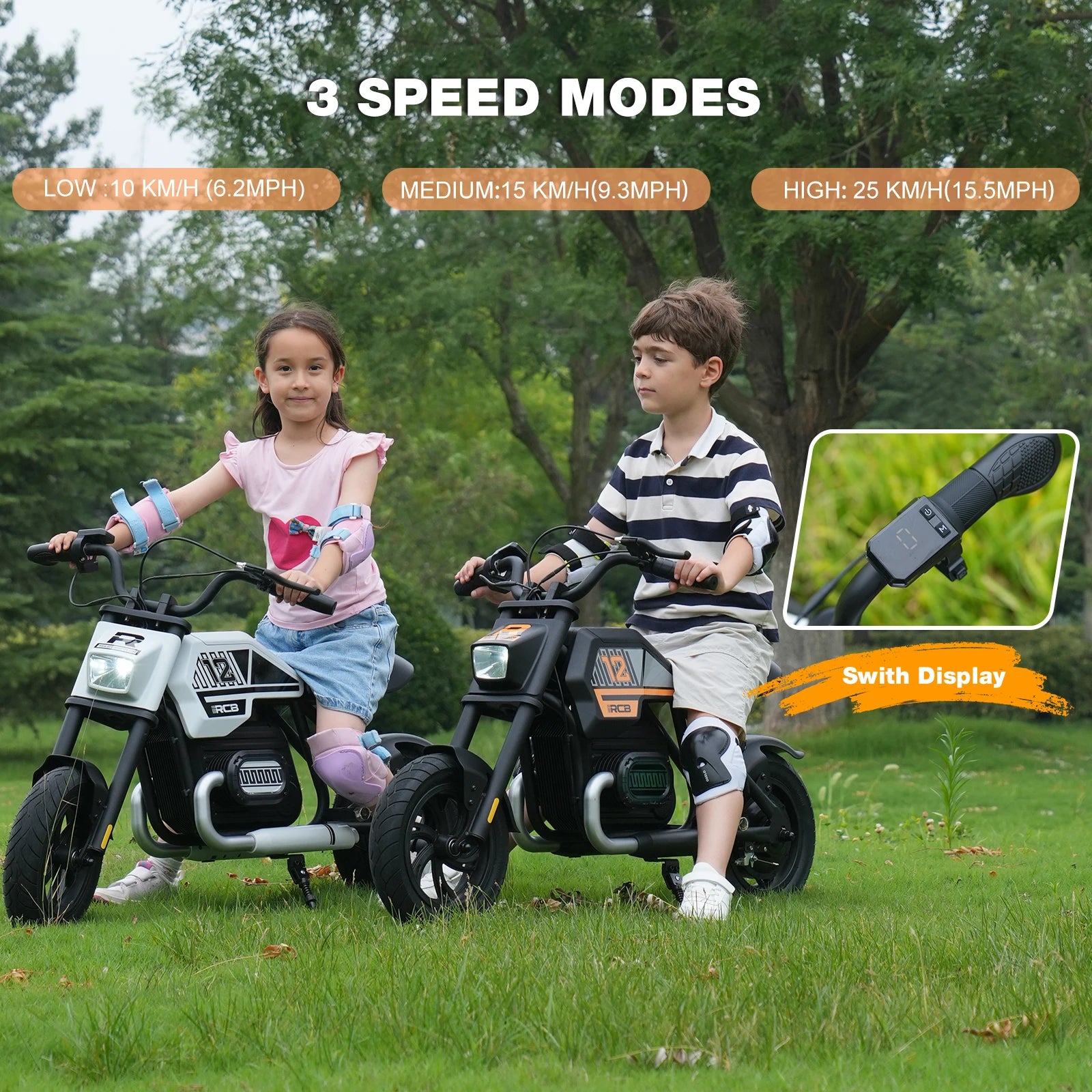 RCB R9 Motorbike electric kids motor, motor W IP54, 24V 5.2Ah, 12-15km, 3-speed, 12-inch tyre, Bluetooth music, as early as 4 years