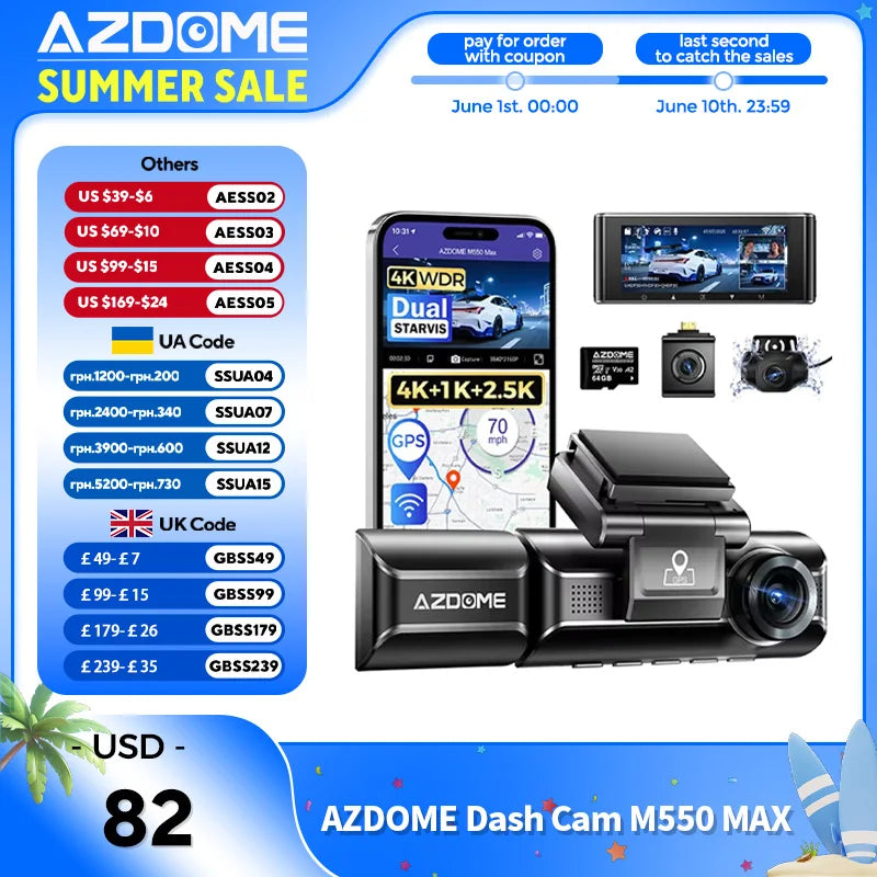 AZDOME 4K 3 Channel Dash Cam M550 Max Car Camera WiFi GPS Front and Rear Inside Recorder Car DVR IR Night Vision Parking Mode