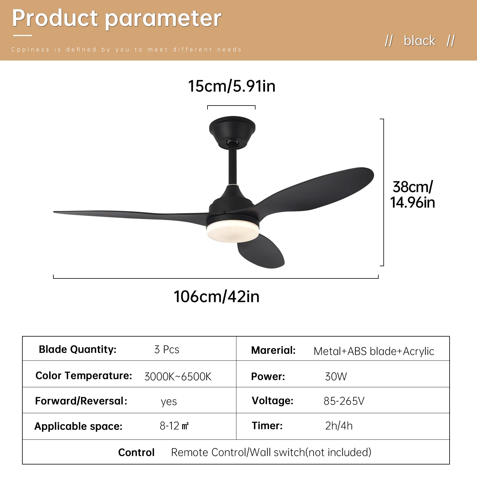 Ventilateur de plafond avec lumière, Ventilateur de plafond discret de 25 pouces/42 pouces/52 pouces avec télécommande, Pour intérieur et extérieur couvert
