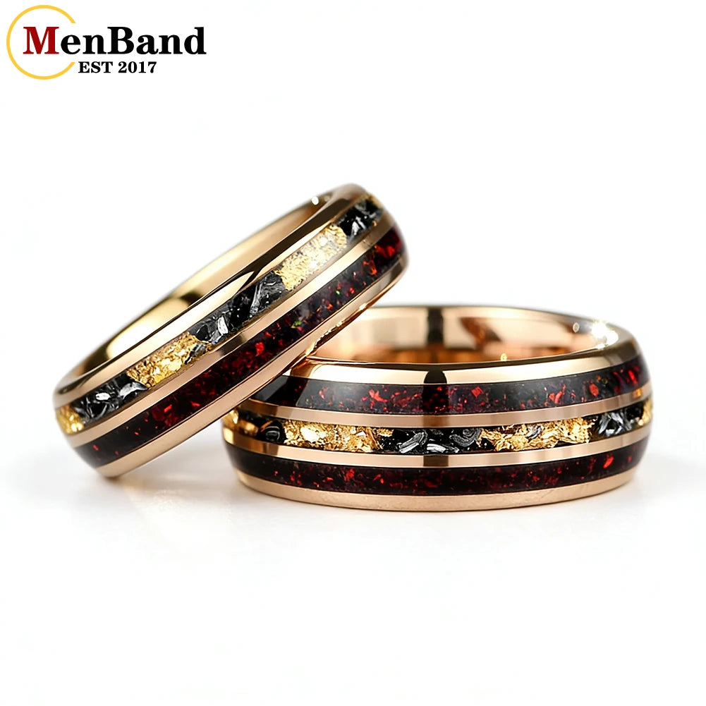 MenBand 6MM 8MM Men and Women Marriage Tungsten Ring Inlaid Red Opal and Meteorite Gold Foil，Couple's Ring, Promise Ring