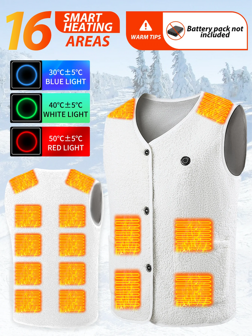 Gilet Chauffant 16 Zones pour Femme, Vestes Chauffantes Électriques, Gilet Chaud d'Hiver en Velours Teddy Col en V USB avec Contrôle Électrique de la Température