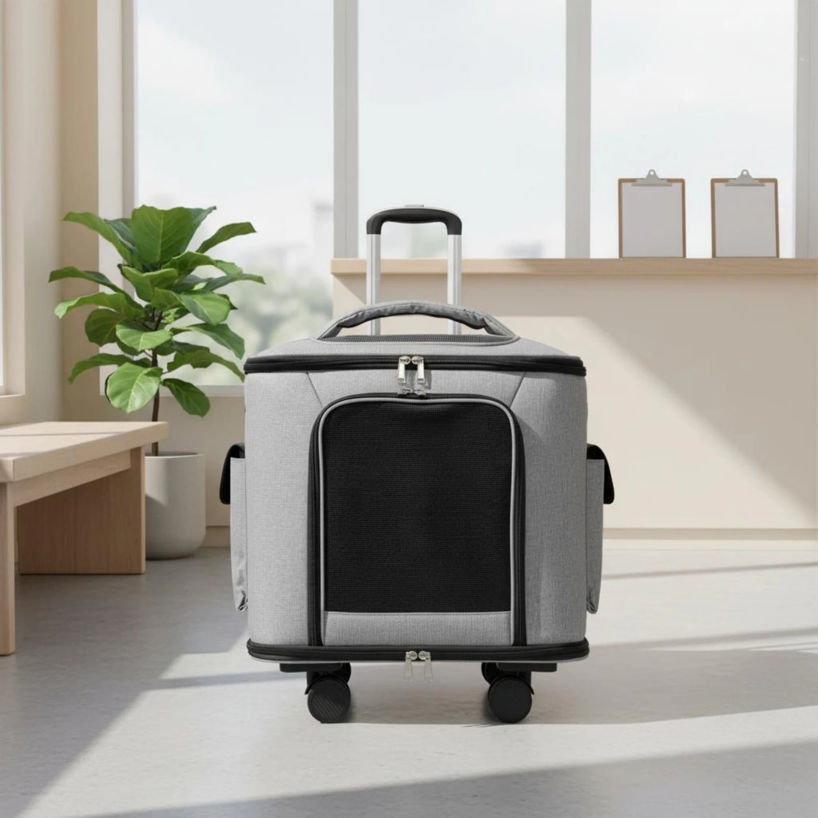 Rolling Pet Carrier Quiet Wheels Feline Carrier Suitcase Feline Travel Bag Trolley Handle Multiple Carrying Options for Outdoor