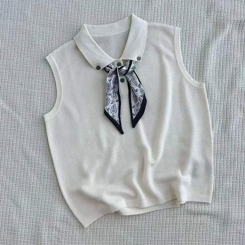 Women's Fashionable Summer 2026 Knitwear with Scarf Sleeveless Small Collar Trendy High-End Base Shirt Top
