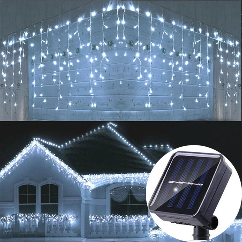 Solar Curtain Icicle Light 3.5M Eaves Decor Outdoor Fairy String Lights Wedding Party Christmas Stair Decor Garden Garlands