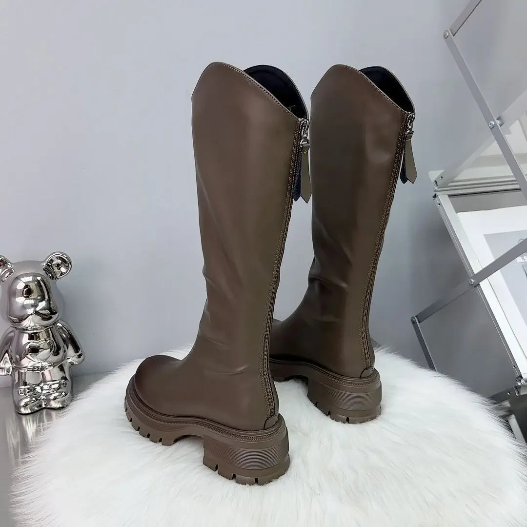 2025 Woman's Boots Autumn New Fashion Platform Long Pipe Knight Boots Casual Women's Medium Heel Knee High Boots Botas Mujer