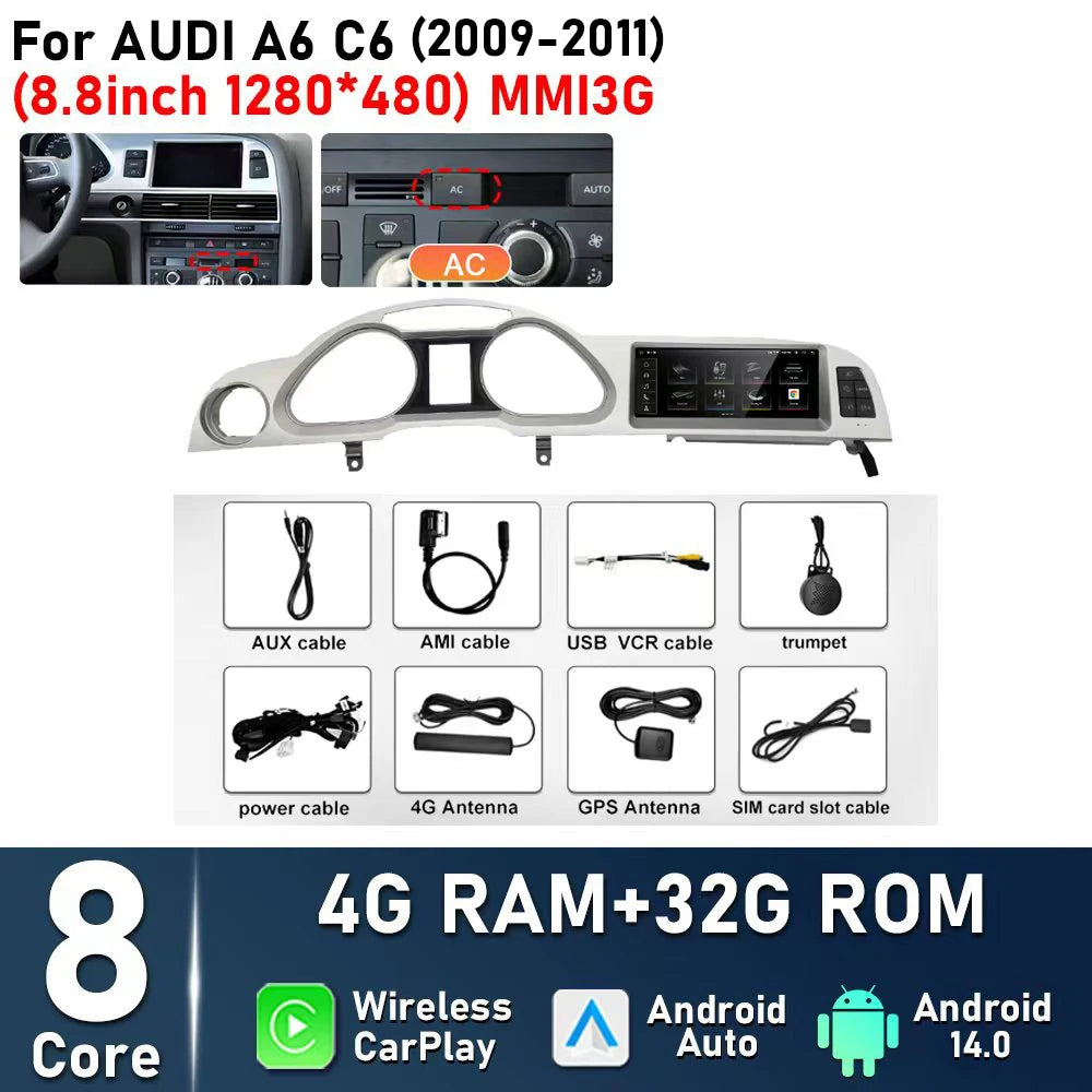 8.8inch Android 14 For Audi A6 C6 2005 - 2008 MMI 2G 2009 - 2011 MMI3G Car Radio Multimedia Player Navigation GPS Stereo CarPlay