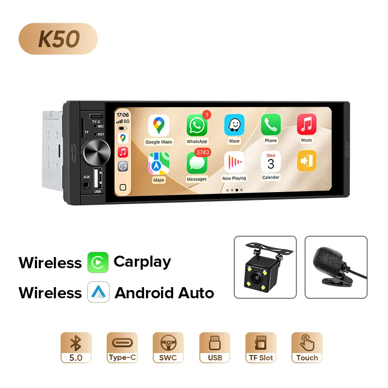 AINAVI Wireless Carplay Android Auto Universal Car Radio 1 Din HD IPS Touch Screen Car Multimedia Rear Camera MIC USB Type C 1280*720 Full In-Cell 1DIN Car Stereo BT 5.0