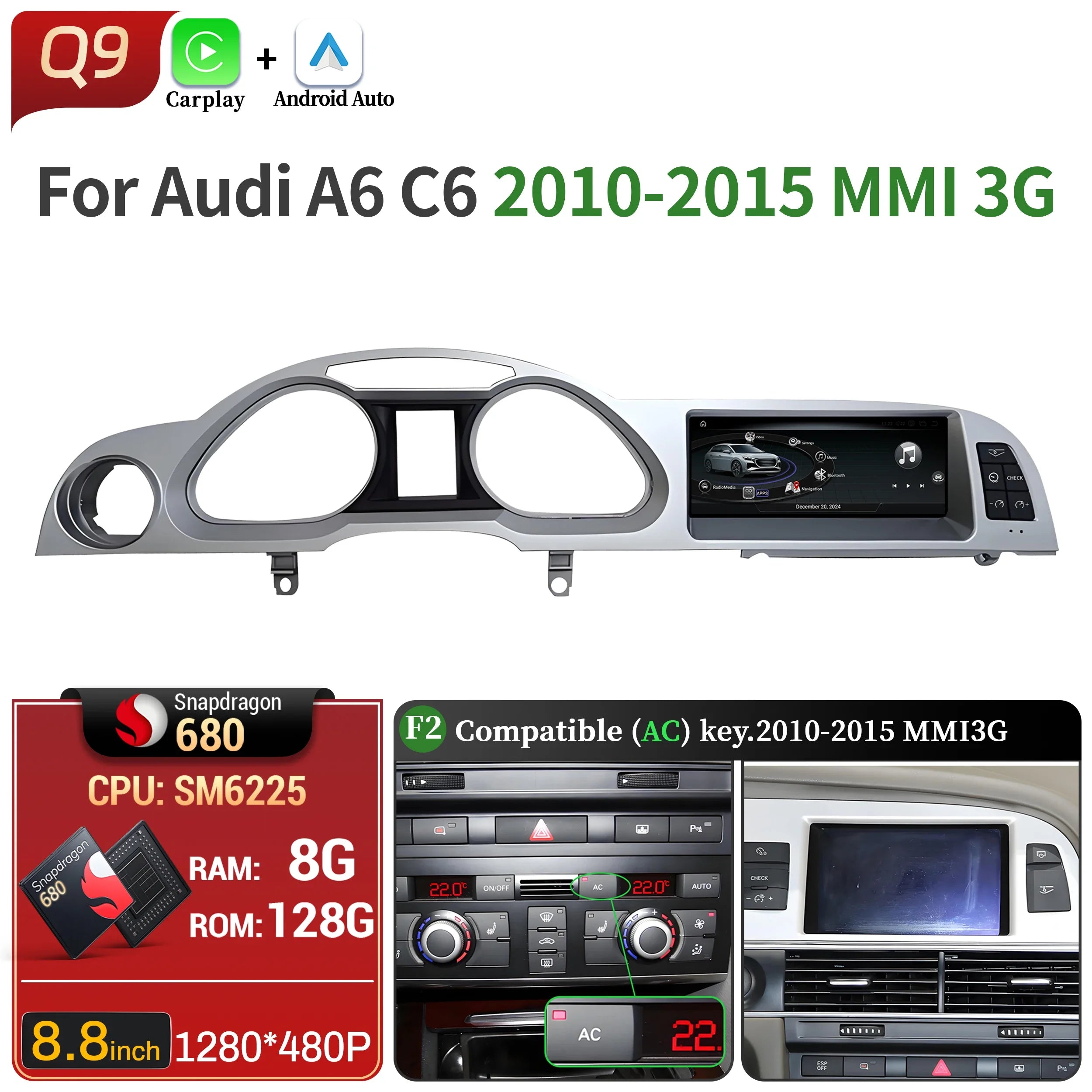 8.8 inch Left Hand Drive Android 14 For Audi A6 C6 2005-2011 Car Radio Wireless BT Carplay Qualcomm Snapdragon 680 Touch Screen