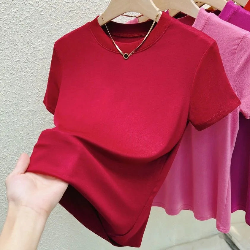 T-Shirt Femme Col Rond Chic Décontracté Urbain Grande Taille Haut Uni Sexy Slim Été Manches Courtes Vêtements Femme