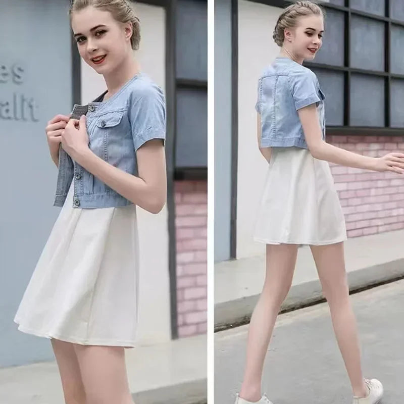 Lucyever Korena Veste Courte Y2K Femme Décontractée à Manches Courtes en Jean Blousons pour Femmes Été Fin Simple Boutonnage Jean Manteau