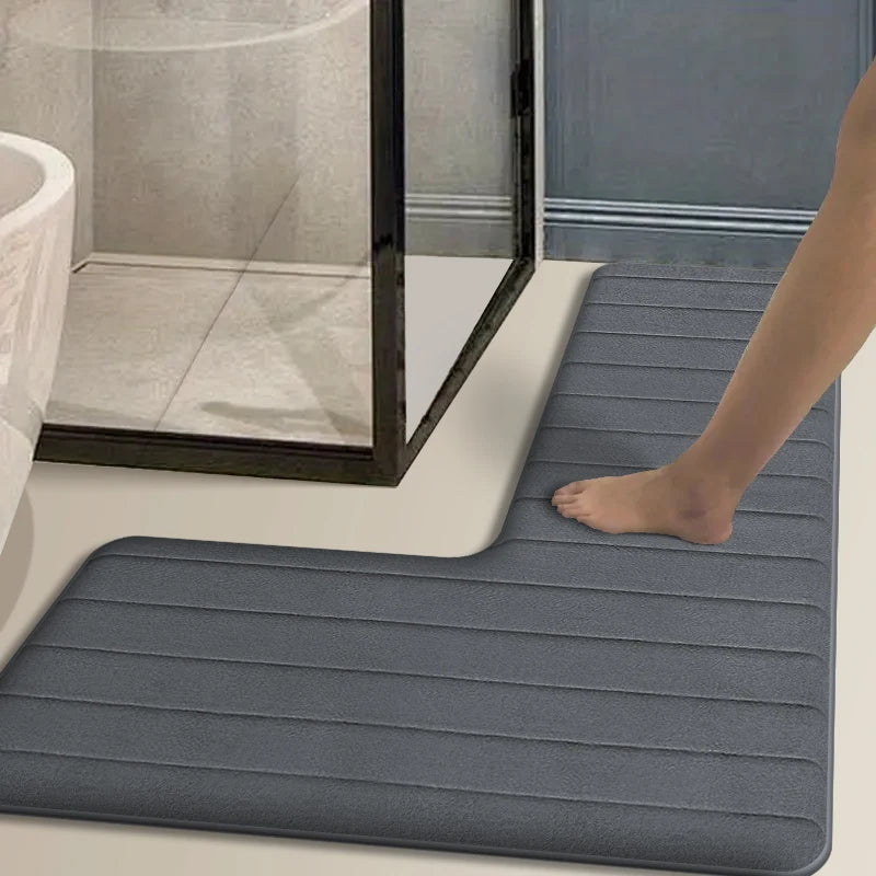 Simple L-shaped long strip bathroom non-slip floor mat flannel absorbent cushion home shower room corner carpet door mat