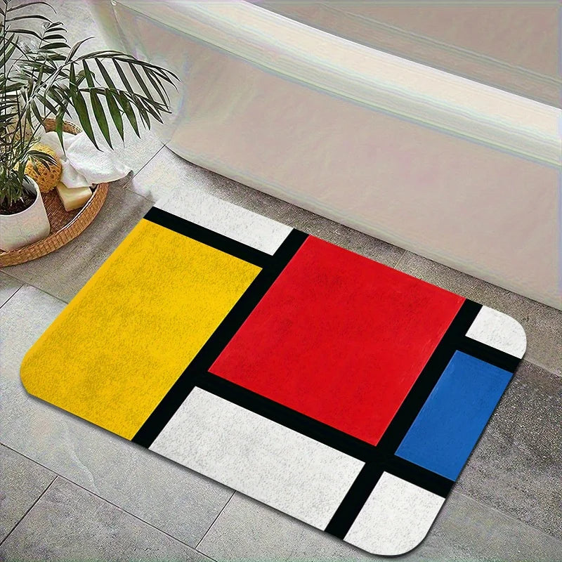VIKAMA Tapis de salle de bain absorbant antidérapant avec motif géométrique rouge, jaune et bleu Mondrian pour la décoration intérieure