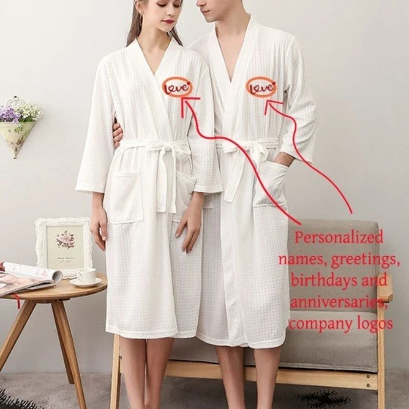 Custom Couple Bathrobe Embroidered with Names Logo Home Clothes Waffle Knit Bathrobe for Couples Hotel Spa Robe for Men Women