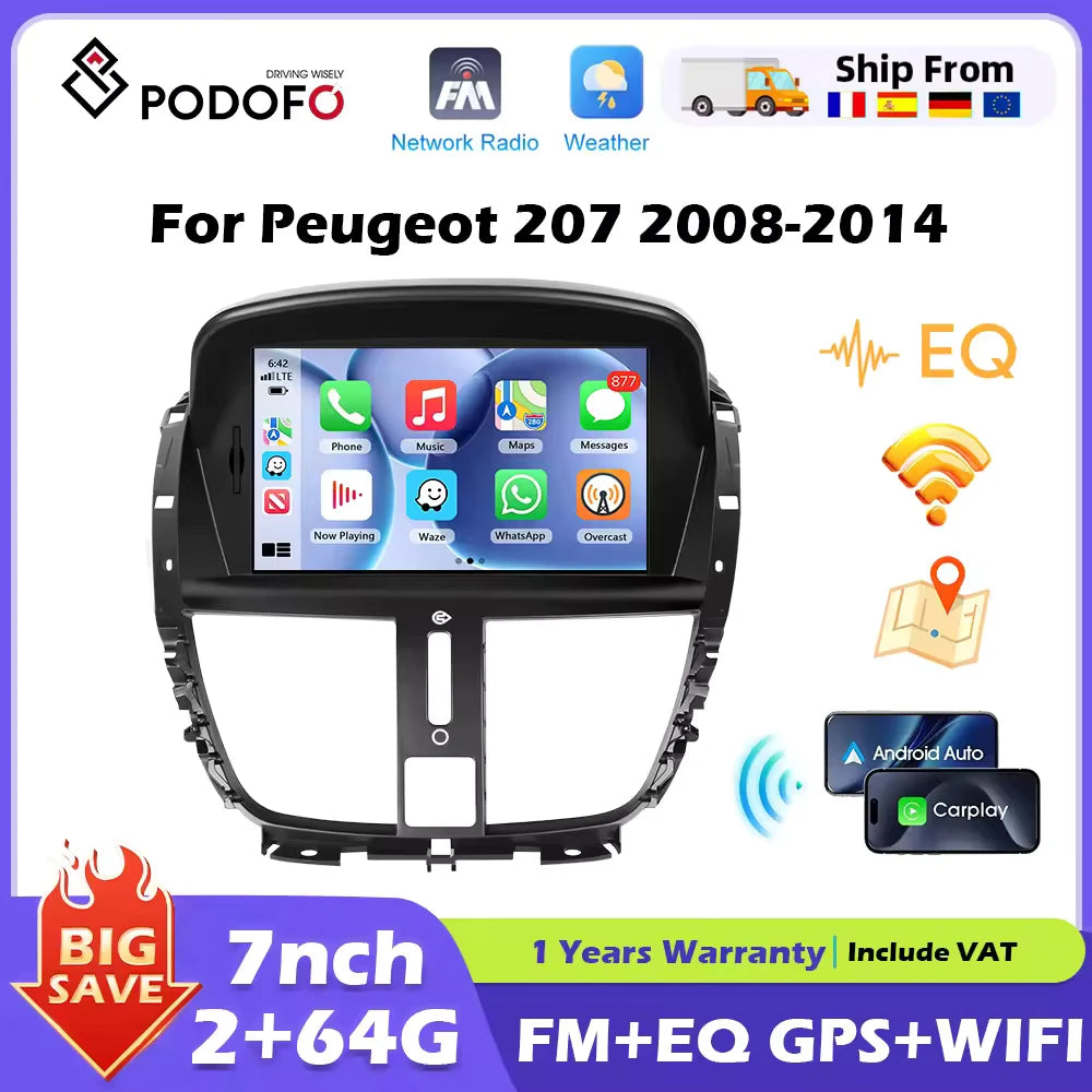 Podofo 7'' Carplay  Android 2din Carplay Car Radio For Peugeot 207 2008-2014 Bluetooth GPS Navigation FM RDS Radio Receiver