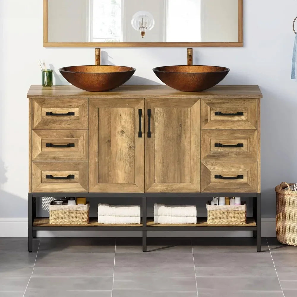 For 48" Double Bathroom Vanity, with Double Sink and Drawers Side Cabinet Combo Set & Shelf,Boat Tempered Glass Vessel Sink