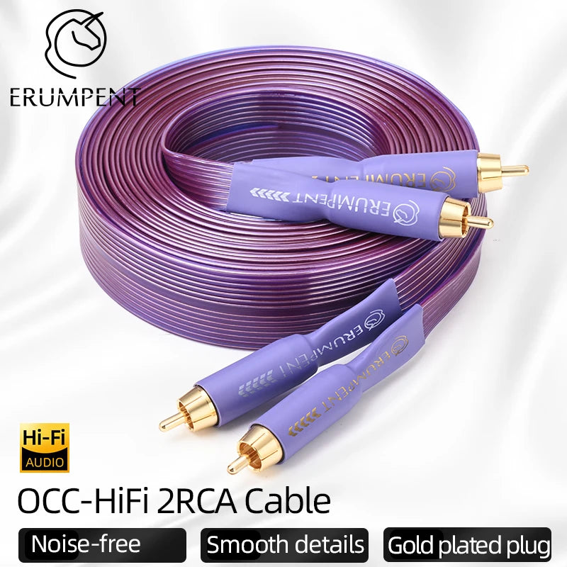 Câble HiFi ERUMPENT OCC 2RCA Bande plate en cuivre pur haut de gamme avec fiches mâles 2RCA plaquées or Câble audio 2RCA vers 2RCA pour amplificateur CD