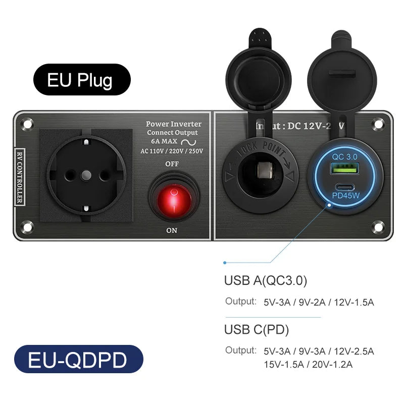Chargeur de voiture multifonctionnel onduleur à panneau en aluminium AC110V 220V double port USB QC3.0 12V 24V pour VR, yacht, remorques de voyage