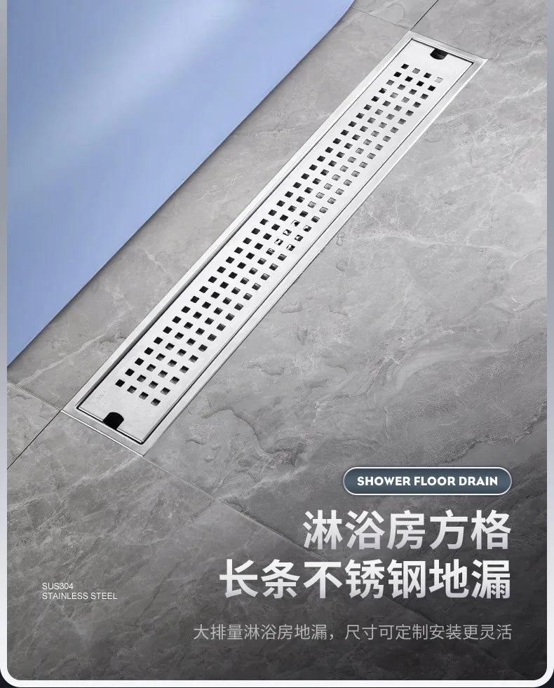 20-60cm Stainless Steel Square Long Floor Drain Bathroom Sewer Rectangular Floor Drain Large Displacement Bathroom Drainage