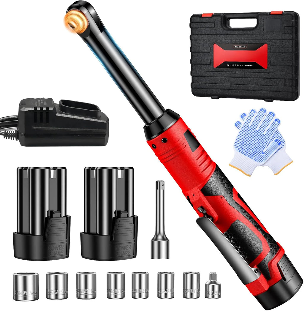 16.8V/18V Cordless Right Angle Ratchet Wrench 450RPM 3/8 Inch Drive Electric Wrench Portable Nut Disassembly Spanner Car Motorcycle Bicycle Repair Maintenance Hand Tool With 2 Lithium Batteries