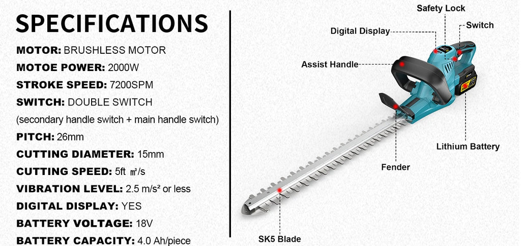 Gisam Cordless Electric Hedge Trimmer 2000W 7200SPM Pruning Saw Lawn Mower Garden Trimming Power Tool For Makita 18v Battery Pin