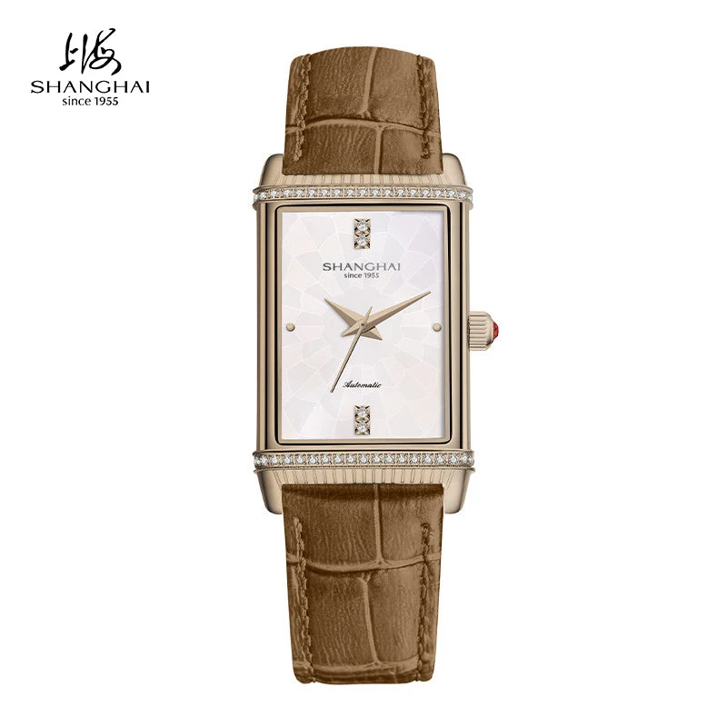 Shanghai Watches Vintage Women's Mechanical Watch 25x41 mm Rectangle Automatic Watch 3D Dial Sapphire Leather Fashion Watch 22MT