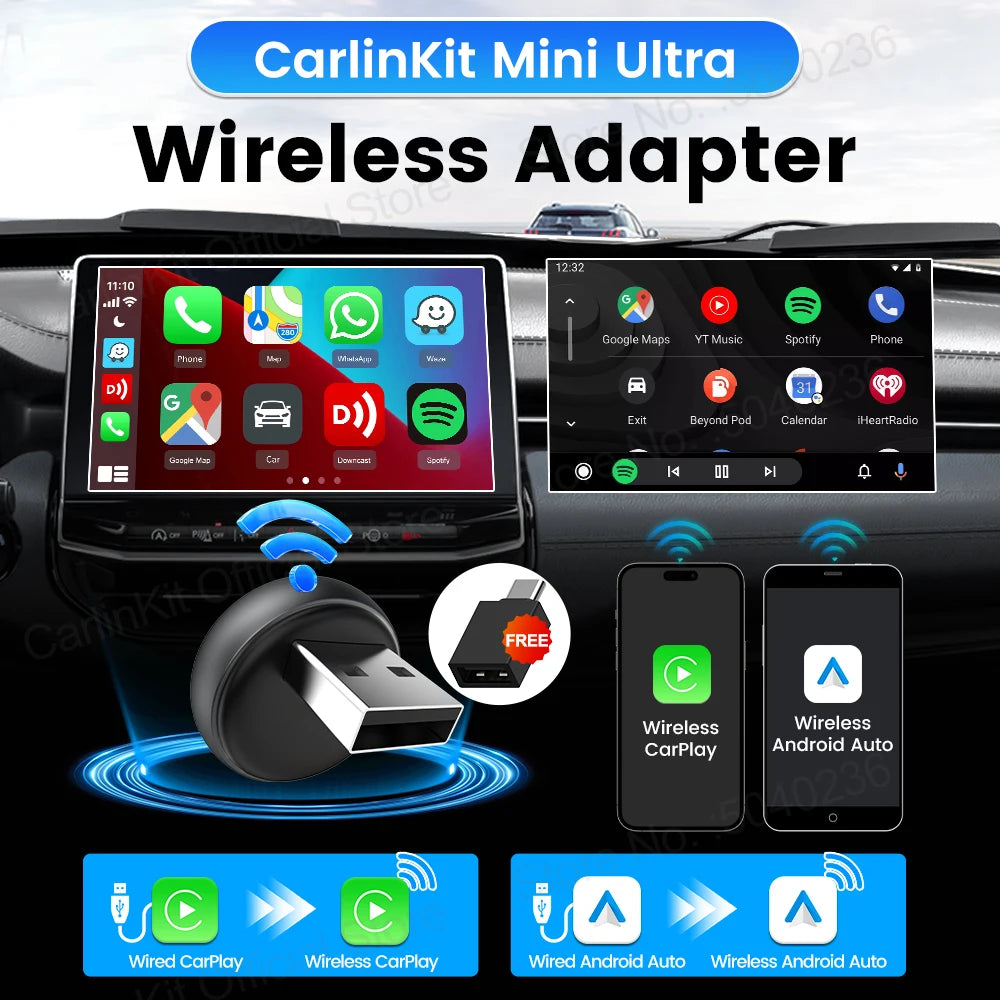 Mini Ultra 3 CarlinKit Wireless Android Auto & CarPlay Adapter 2.4Ghz&5Ghz WiFi BLE Auto Connect OTA Upgrade Mini Smart Car Box